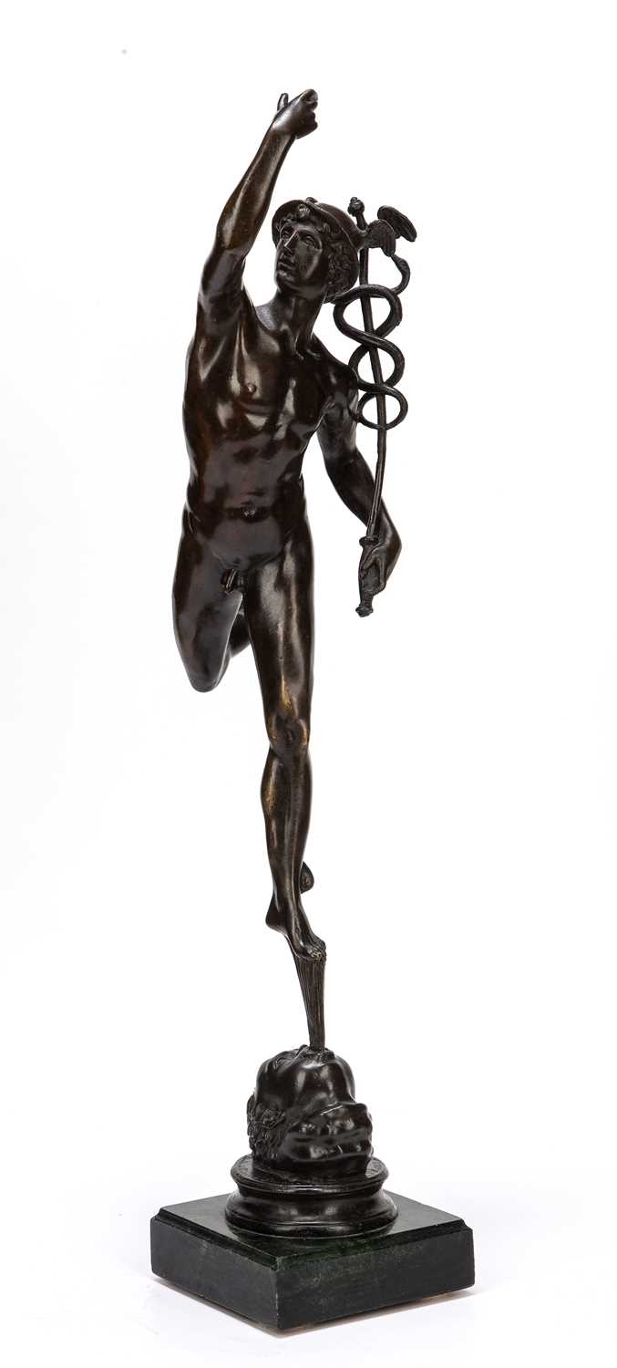 A 20th century bronze statue of Mercury after the original by Giambologna, mounted on a green marble - Image 3 of 7