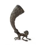 A Congolese bronze and carved horn libation cup 16cm x 33cm