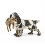 An early 20th century Austrian cold painted bronze hunting spaniel and hare, 7cm high 11cm wide.some