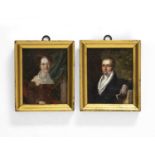 A pair of late 18th/early 19th century miniature portraits of a gentleman in black topcoat and a