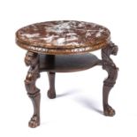 A Victorian oak circular occasional table with a marble inset top under tier and cabriol legs with