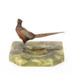 A cold painted bronze pheasant mounted on onyx tray, overall 18cm wide x 17cm deep x 13cm