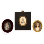 An oval miniature portrait on porcelain depicting a young woman with black ostrich feather hat and