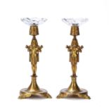 A pair of 19th century gilt bronze Egyptian revival figural candlesticks, having circular bases with