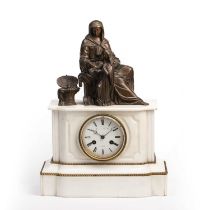 A 19th century French white marble mantel clock with white enamel Roman dial, signed Gorini,