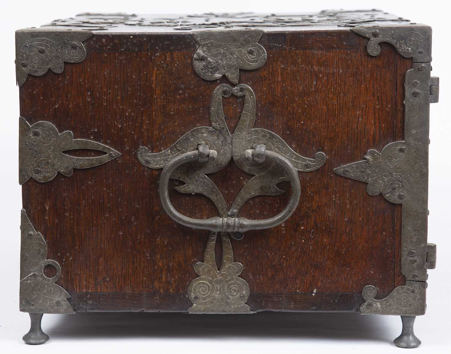 A 17th century German oak and metal bound table top cabinet of drawers, having a double headed eagle - Image 8 of 10