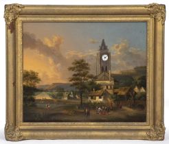 A 19th century picture clock, Tuscan village with church and figures, some dancing, oil on canvas,