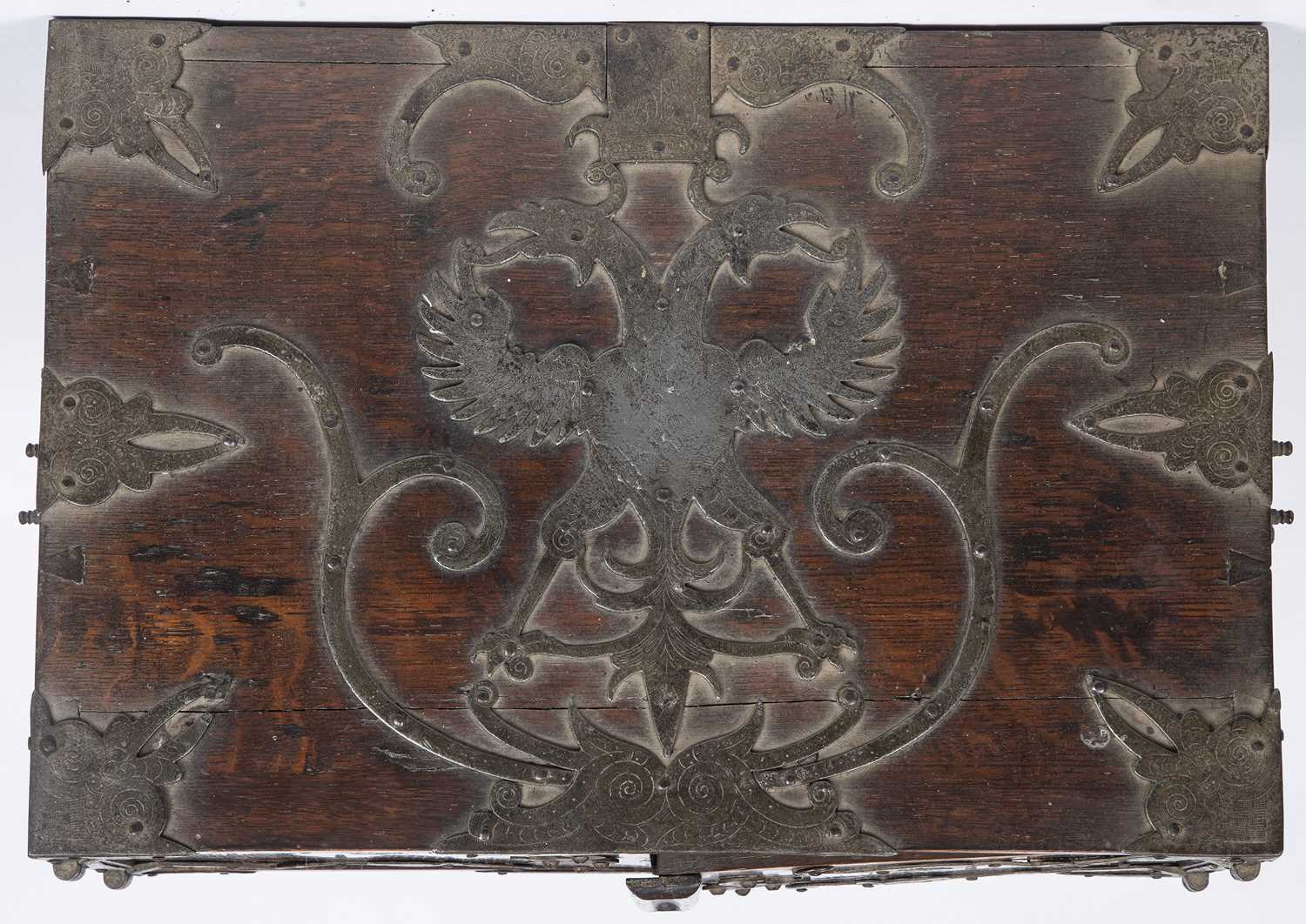 A 17th century German oak and metal bound table top cabinet of drawers, having a double headed eagle - Image 5 of 10