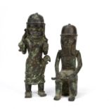 Two Benin bronze warrior figures the largest 14cm wide x 37cm high
