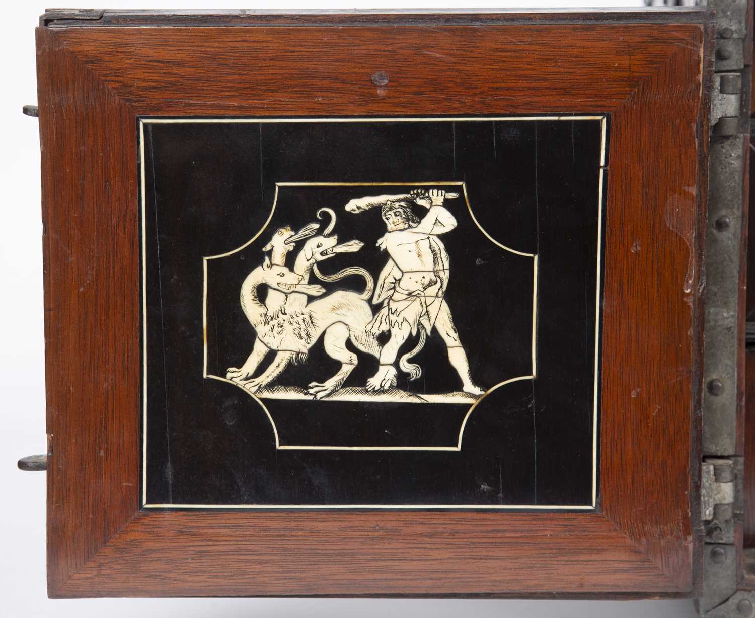 A 17th century German oak and metal bound table top cabinet of drawers, having a double headed eagle - Image 9 of 10