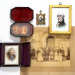 A group of miniature portraits to include a printed pair in tortoiseshell box, an oval 'Madonna'