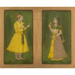 Two painted miniatures Indian placed in one frame, depicting a gentry figure with his consort,