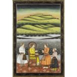 Kangra School India, 19th Century depicting a prince with assistants, set against a large hill,