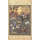 Pair of Persian pictures Iranian, 20th Century both depicting a hunt on horseback, the top and