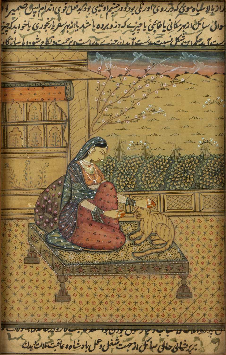 Two miniatures Indian one depicting a couple, the other depicting a woman with a cat, with