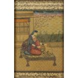 Two miniatures Indian one depicting a couple, the other depicting a woman with a cat, with