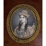 Miniature painting of Mumtaz Mahal Indian, Mughal 19th Century half portrait, dressed in regalia and