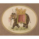 Oval miniature Indian, 20th Century depicting a man on elephant back with an elegant Howdah