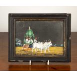 Mica painting Indian, 19th/20th Century depicting three men on a cart being pulled by two ox, framed