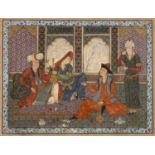Safavid style painting Iranian, 19th Century depicting lovers drinking wine on a terrace with two