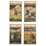 Set of four miniatures Indian, 17th/18th Century the front framed depicting tiger hunts, the backs
