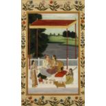 Pair of Mughal style pictures Indian, 19th/20th Century depicting a couple under a pagoda with