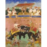 Picture depicting an elephant fight Indian, 18th/19th Century showing two figures on elephant's