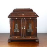 Victorian rosewood sewing or workbox with mother of pearl inlay throughout, a hinge top lid