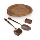 Collection of items comprising of: a treen wooden bowl or shallow dish, unmarked, 41cm x 32cm