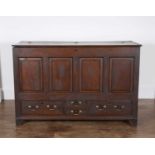 Large oak and mule chest 18th Century, with a lift up top and fitted four drawers, 128cm wide x 54cm