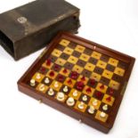 Jaques cased bone chess set in a mahogany folding case/board, and with a cloth outer case, the