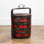 Chinese black and red lacquer marriage chest of three tiered form with carrying handle, 51cm high