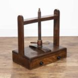 Fruitwood book press 19th Century, with adjustable mechanism, above a fitted drawer, 69cm wide x