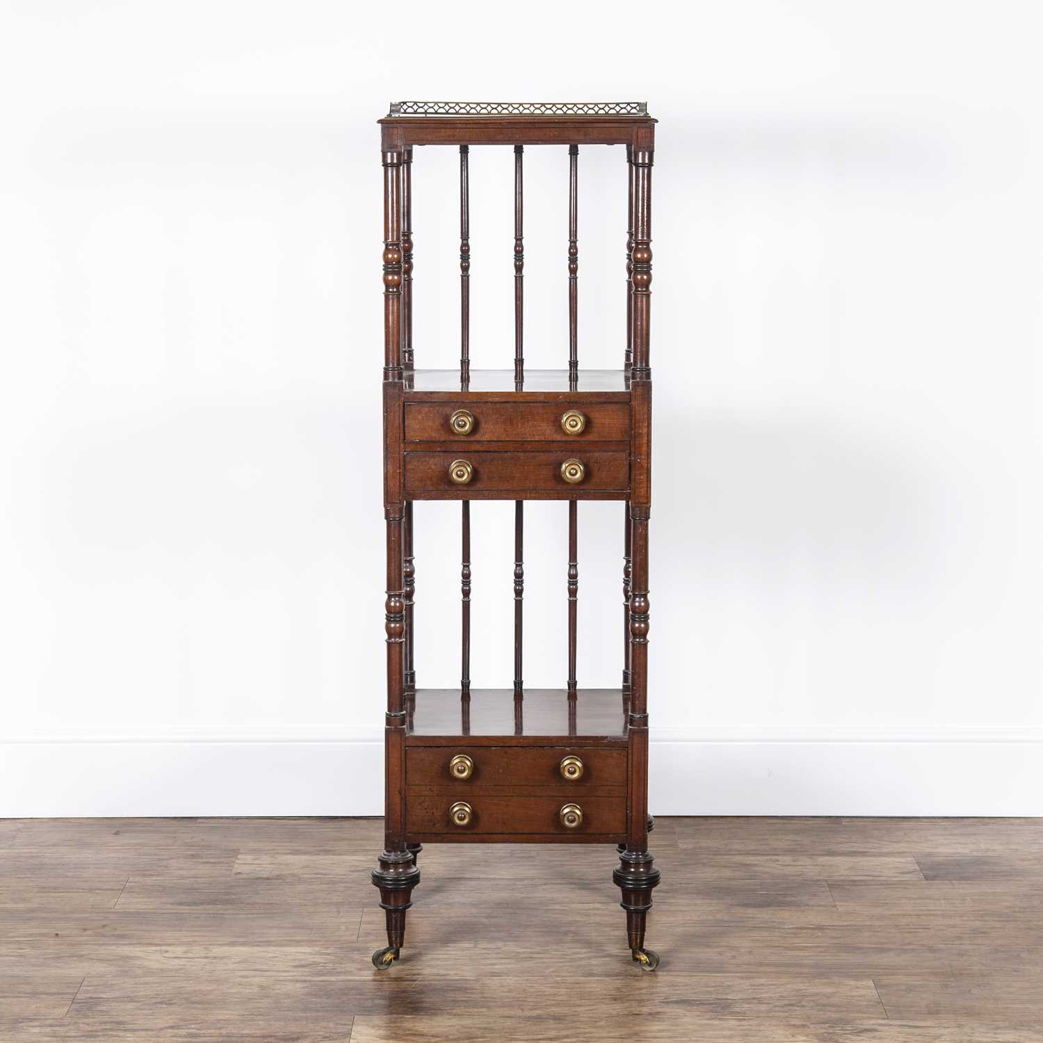 Mahogany what-not or étagère 19th Century, with pierced brass gallery top, brass handles, standing - Image 2 of 4