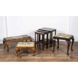Three dressing stools and a nest of mahogany tables the stools with woolwork seats (3)