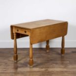 Oak drop leaf table with one end drawer, 105cm long x 110cm wide x 73cmWear and marks particularly