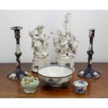 Group of pieces to include a pair of Battersea enamel candlesticks, with one sconce 30cm high, two