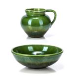 Brannam ware Green glazed ceramic jug and basin, with slight lustre finish, stamped marks to the