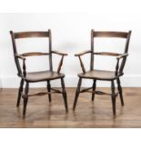 Pair of Oxford armchairs ash and elm, 19th Century, on turned splayed legs, 91cm high overall (2)
