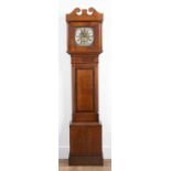 Oak and mahogany country longcase clock with a brass square 24cm dial, 30 hour striking movement,