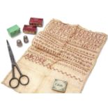 Group of sewing items Comprising of: an unfinished 19th Century alphabet redwork sampler, two