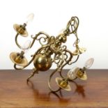 Dutch-style brass ceiling light with five scroll branches, 44cm diameterPreviously fitted for