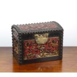 Domed red and gilt lacquer box/small trunk Chinese, with carved panels and an iron lock, 32cm wide x