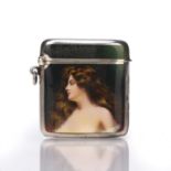 Edward VII silver and enamel vesta case decorated with enamel picture of a lady, bearing import