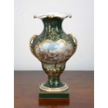 Continental porcelain urn vase 20th Century, decorated with scene of 'Grand Canal, Venice', on green