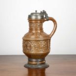 Bellarmine style pewter lidded jug German, in the 17th Century style, with raised band of figures,