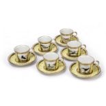 Royal Crown Derby set of six cabinet cups and saucers, decorated with different birds: mallard,
