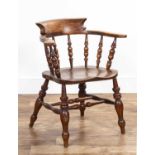 Ash and elm smokers bow armchair 19th Century, turned spindle supports, on turned legs, 81cm high