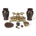 Group of pieces to include a pair of small Japanese bronze vases, 15cm high, a set of brass postal