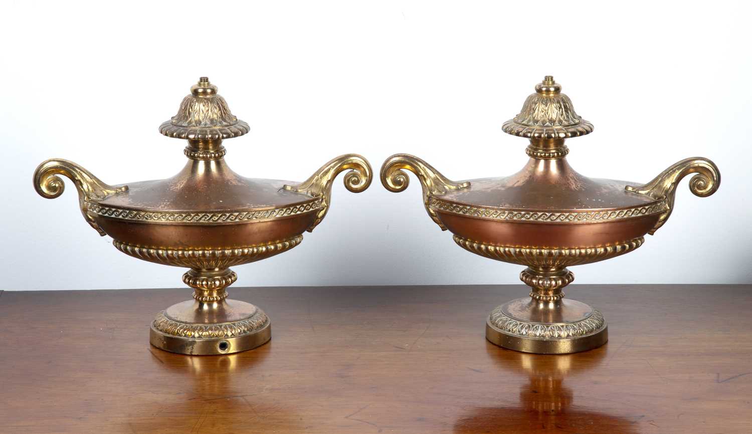 Pair of copper and brass classical style urns late 19th/early 20th Century, with acanthus leaf and - Image 2 of 2